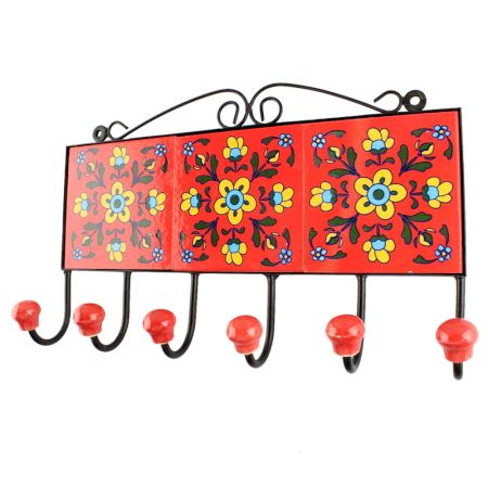 Red With Yellow Tiny Flower Ceramic Tile Hook